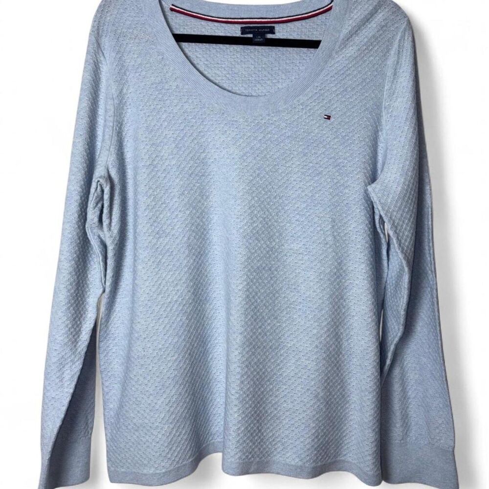 y2K Tommy Hilfiger Baby Blue Waffle Knit Sweater Women's L 100% Cotton - Picture 2 of 8